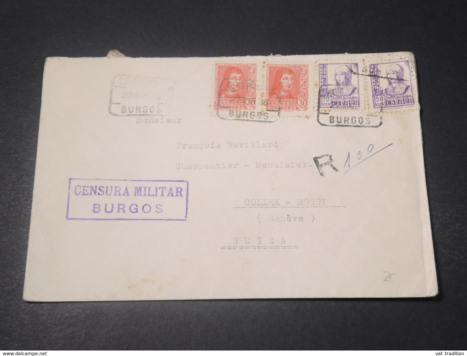 ESPAGNE - Enveloppe En Recommandé De Burgos Pour La Suisse En 1938 Avec Censure - L 11368 - Marques De Censures Républicaines