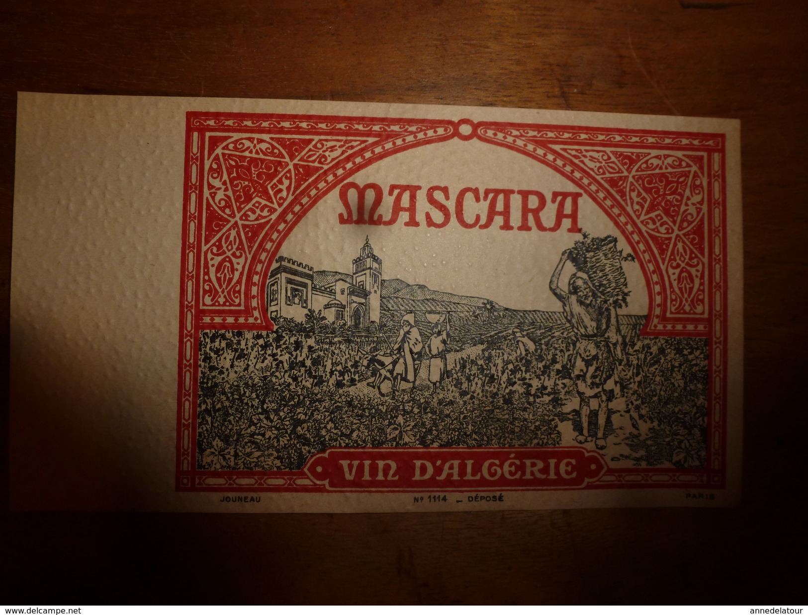 1920 ? Spécimen étiquette De Vin  D'ALGERIE - MASCARA   N° 1114, Déposé,  Imprimerie G.Jouneau  3 Rue Papin à Paris - Völker