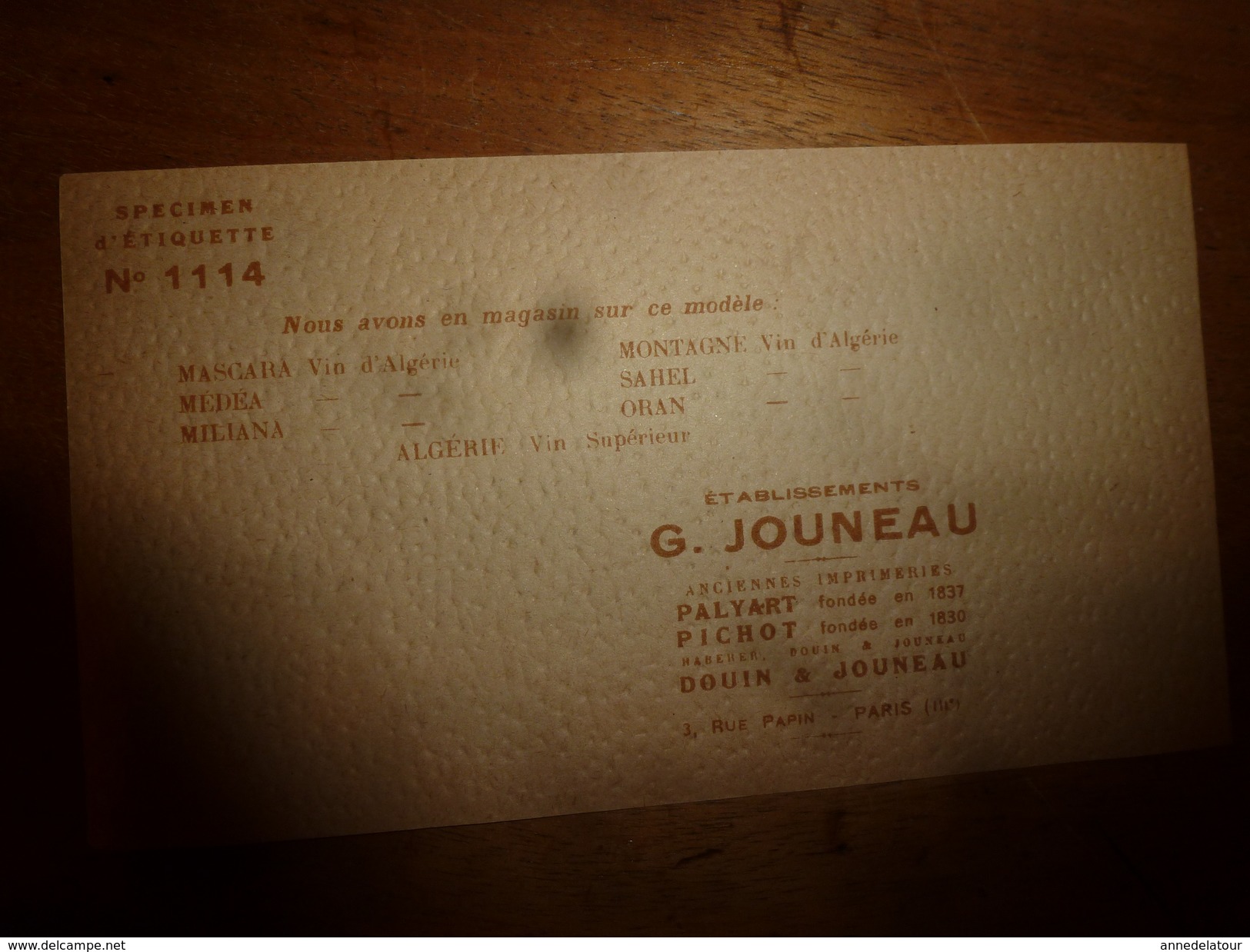 1920 ? Spécimen étiquette De Vin  D'ALGERIE - MASCARA   N° 1114, Déposé,  Imprimerie G.Jouneau  3 Rue Papin à Paris - Peuples