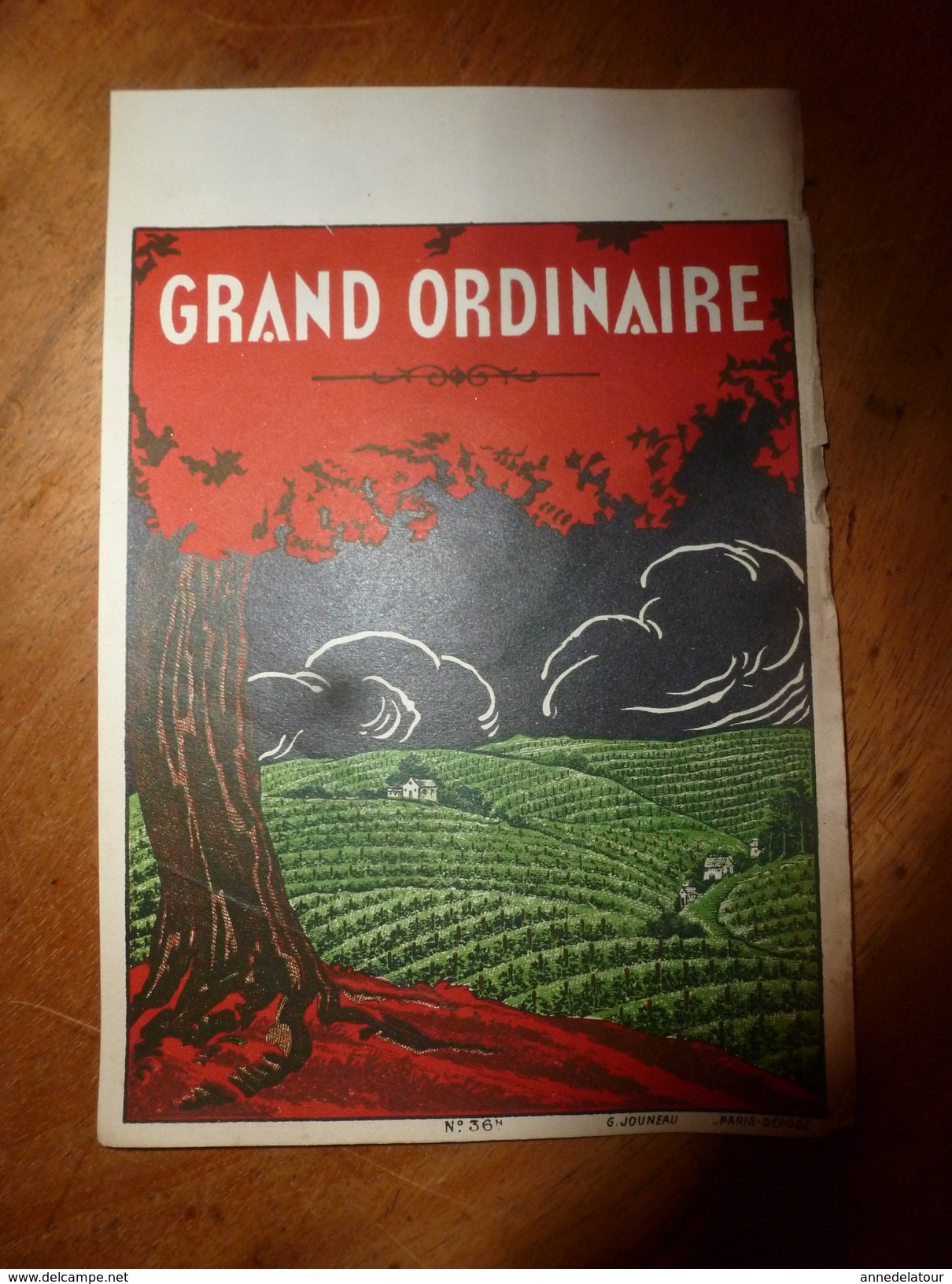 1920 ? Spécimen étiquette De Vin  GRAND ORDINAIRE   N° 36H, Déposé,  Imprimerie G.Jouneau  3 Rue Papin à Paris - Fleurs