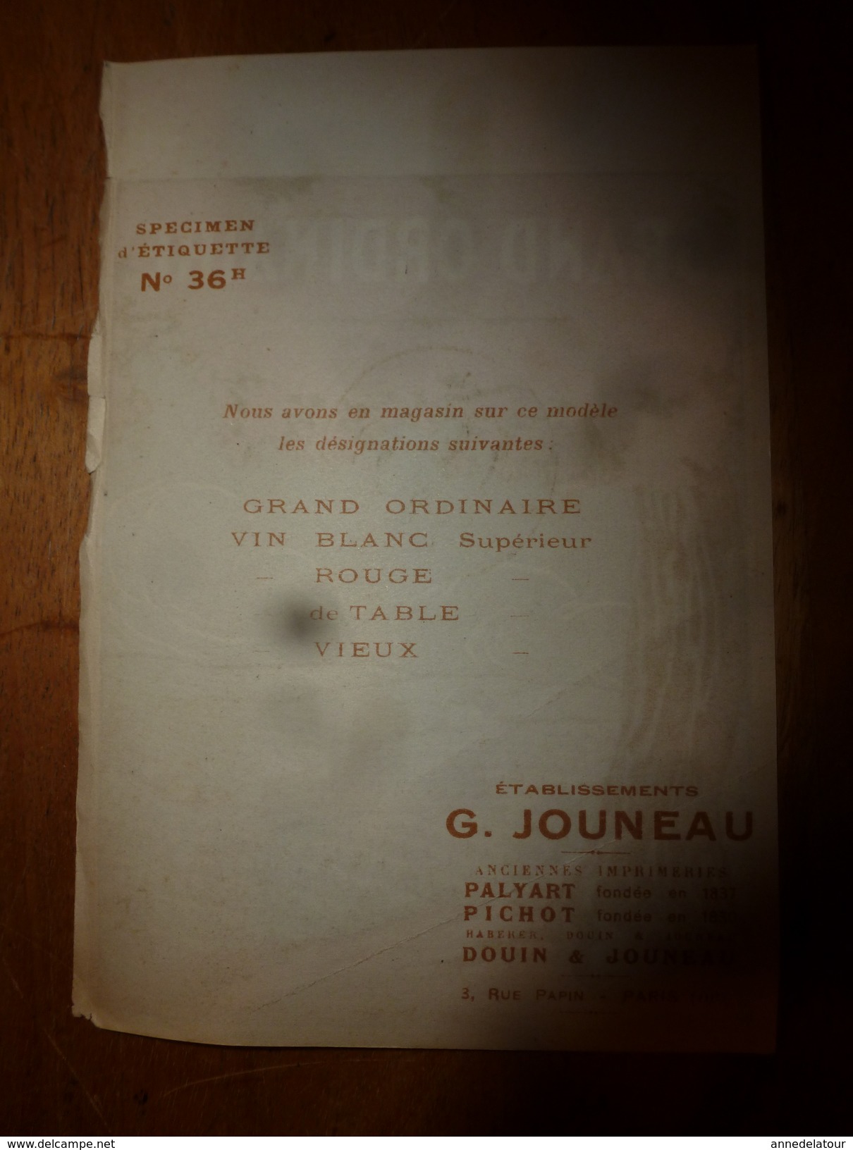 1920 ? Spécimen étiquette De Vin  GRAND ORDINAIRE   N° 36H, Déposé,  Imprimerie G.Jouneau  3 Rue Papin à Paris - Fleurs