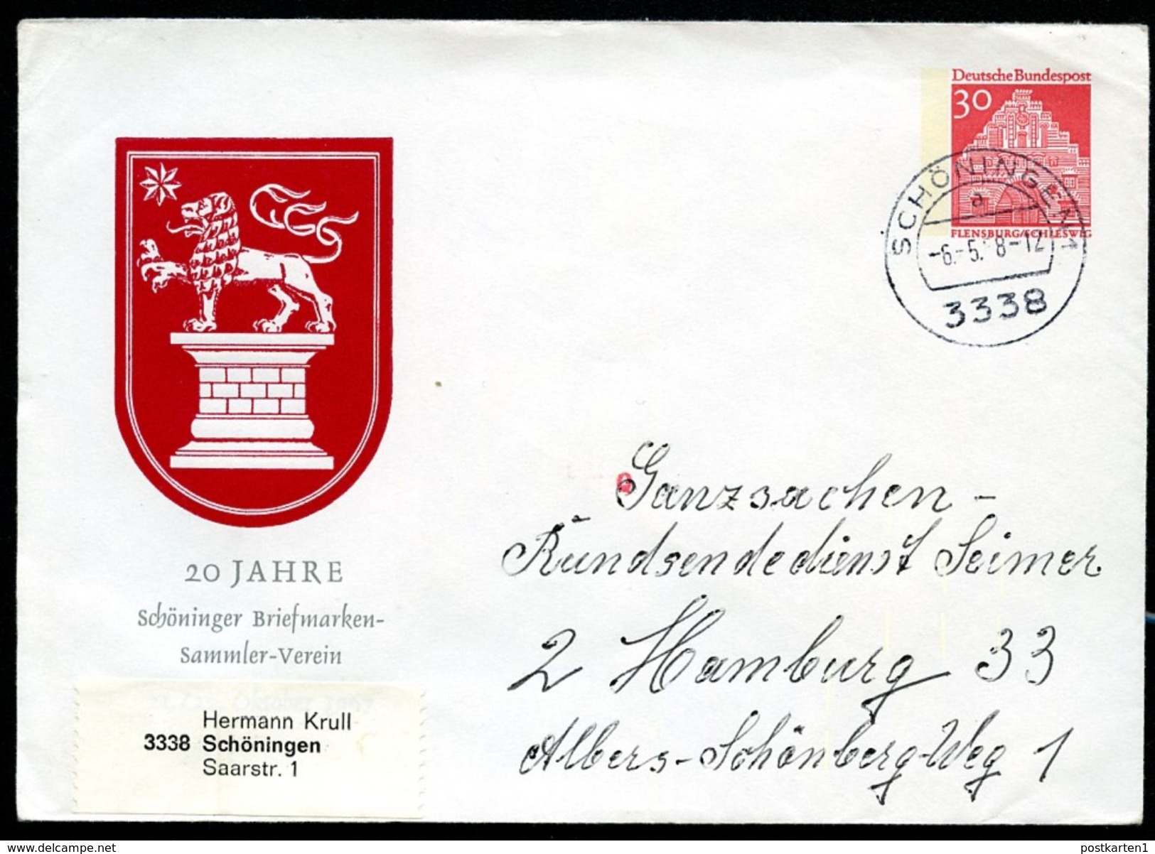 Bund PU33 D2/007 Privat-Umschlag WAPPEN SCHÖNINGEN Gebaucht 1968  NGK 6,00 € - Enveloppes Privées - Oblitérées