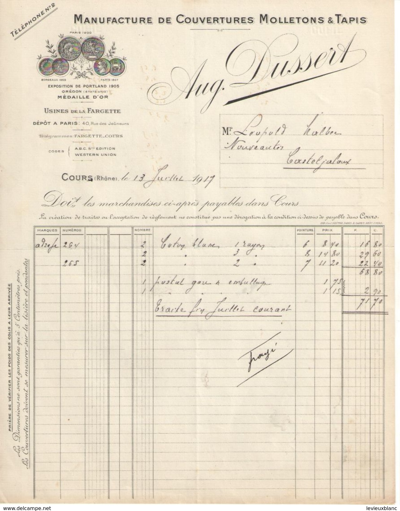 Facture Commerciale Ancienne/Manufacture De Couvertures Molletons & Tapis/Aug DUSSERT/Cours/Rhône /1917   FACT282 - Textile & Vestimentaire