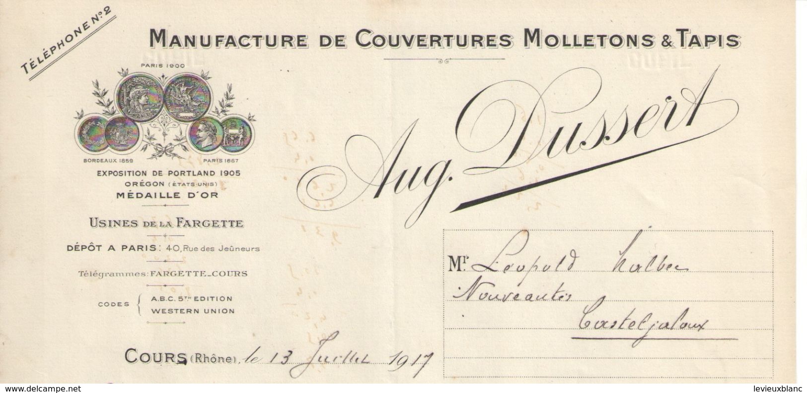 Facture Commerciale Ancienne/Manufacture De Couvertures Molletons & Tapis/Aug DUSSERT/Cours/Rhône /1917   FACT282 - Textile & Vestimentaire