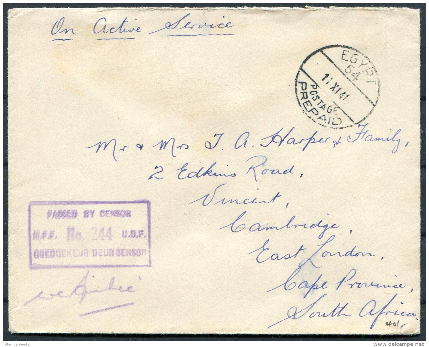 1941 'Egypt 54 Postage Prepaid' OAS Censor O.A.S. Cover - East London, South Africa - Covers & Documents