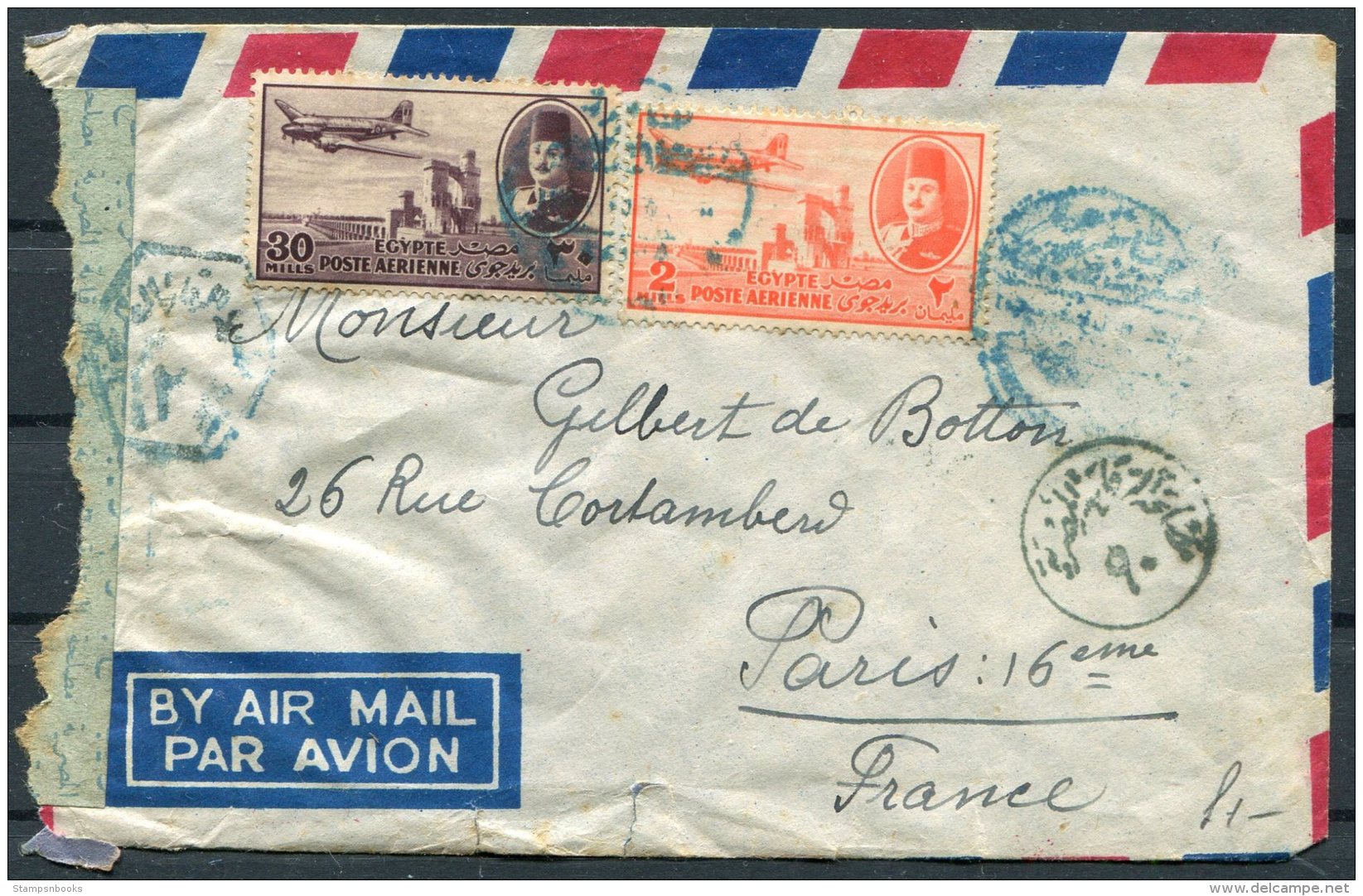 Egypt Censor Airmail Cover - Paris France - Covers & Documents