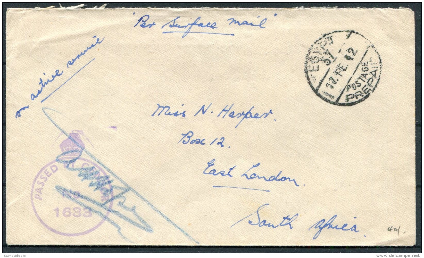 1942 'Egypt 37 Postage Prepaid' OAS Censor O.A.S. Cover - East London, South Africa - Covers & Documents