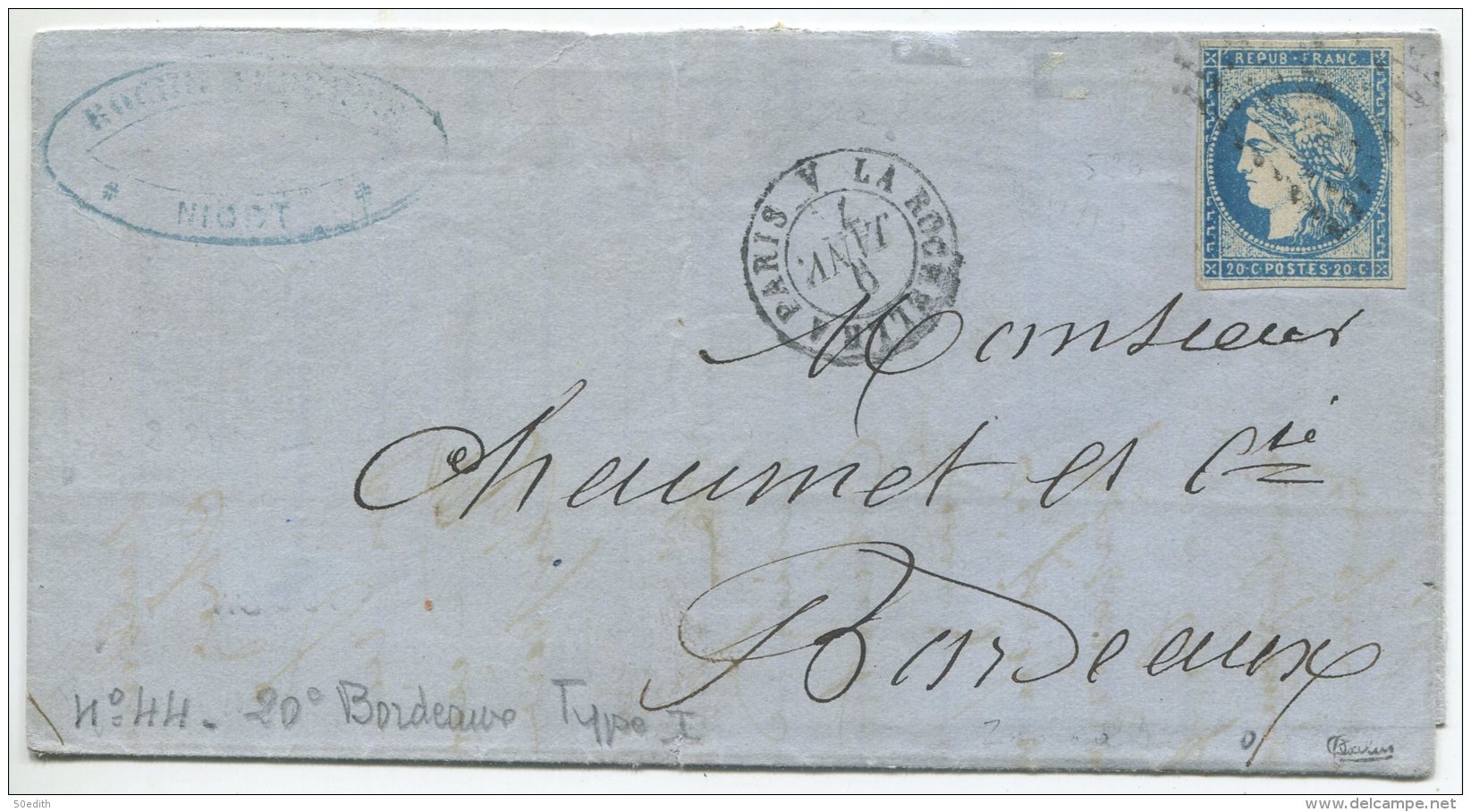 N°44 Report 1 + Cachet Ambulant De Nuit  La Rochelle à Paris A / Lettre  De Niort (deux Sèvres) Pour Bordeaux (1100 Eur) - 1870 Uitgave Van Bordeaux