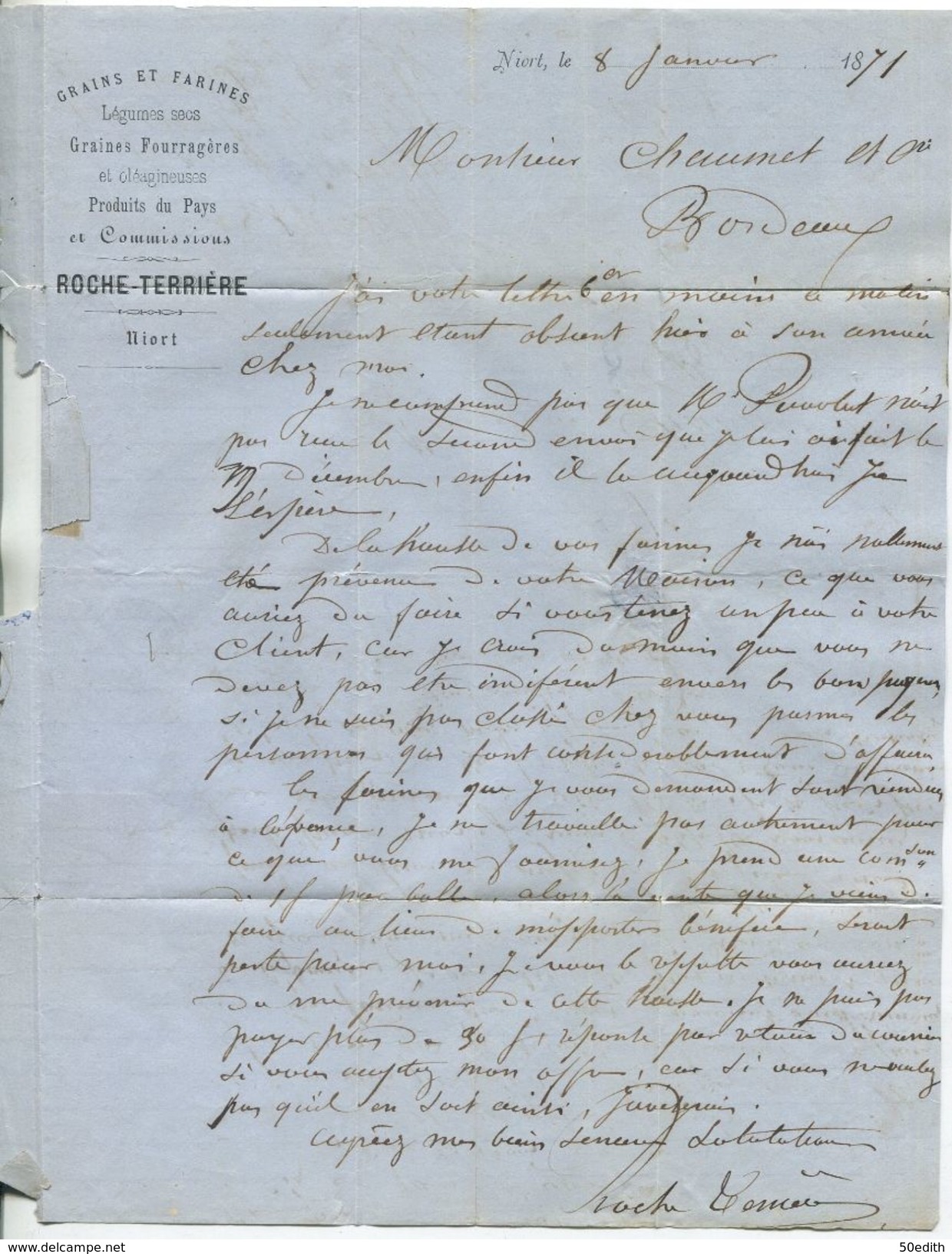 N°44 Report 1 + Cachet Ambulant De Nuit  La Rochelle à Paris A / Lettre  De Niort (deux Sèvres) Pour Bordeaux (1100 Eur) - 1870 Uitgave Van Bordeaux