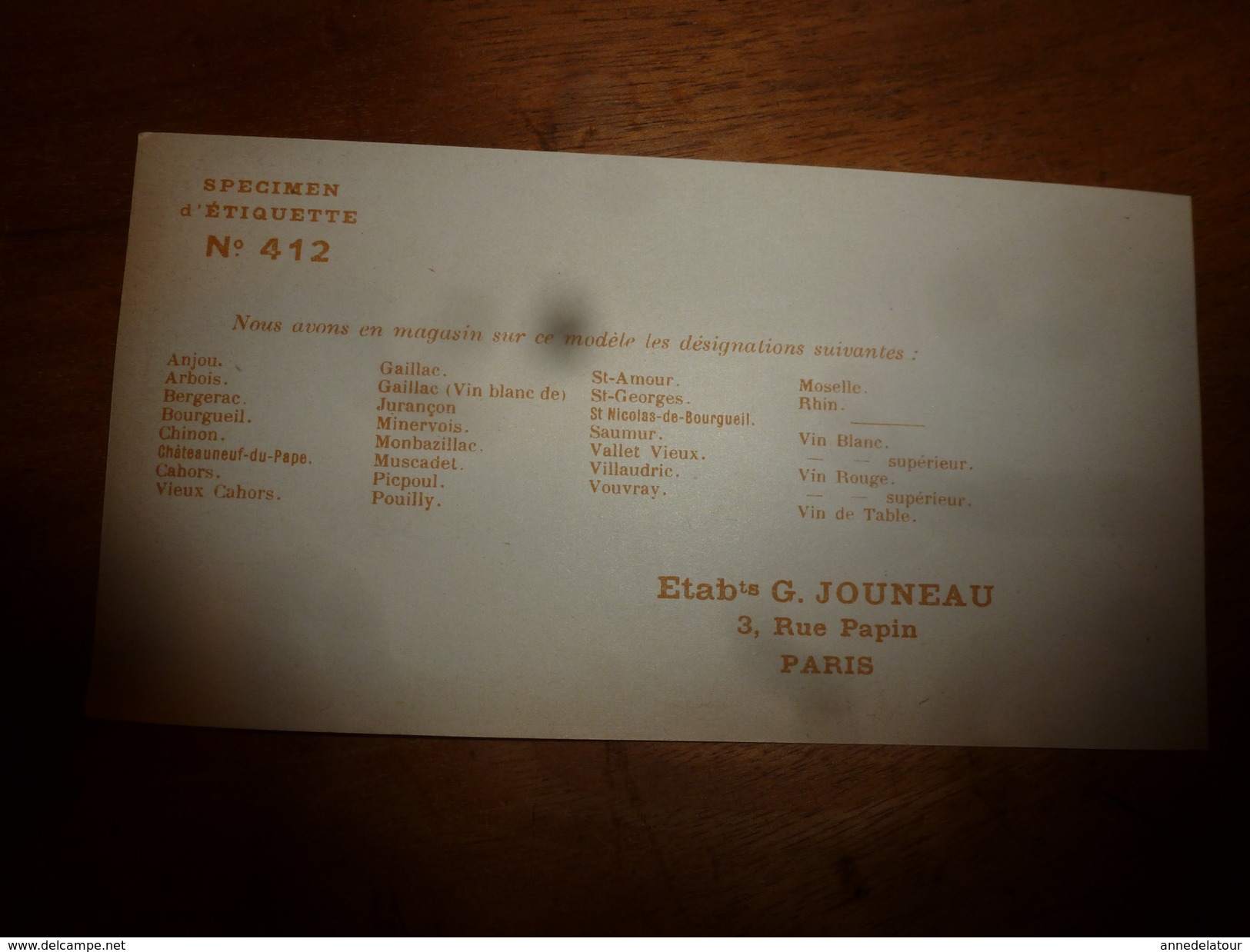1920 ? Spécimen étiquette De Vin VIN BLANC SUPERIEUR, N° 412  Déposé,  Imprimerie G.Jouneau  3 Rue Papin à Paris - Blancs
