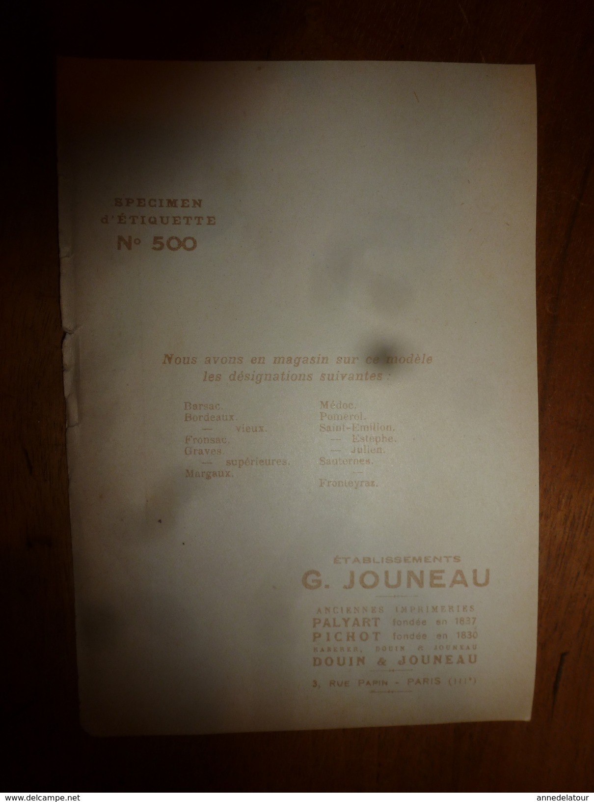 1920 ? Spécimen étiquette De Vin FRONTEYRAZ, N° 500 ,  Déposé,  Imprimerie G.Jouneau  3 Rue Papin à Paris - Schlösser