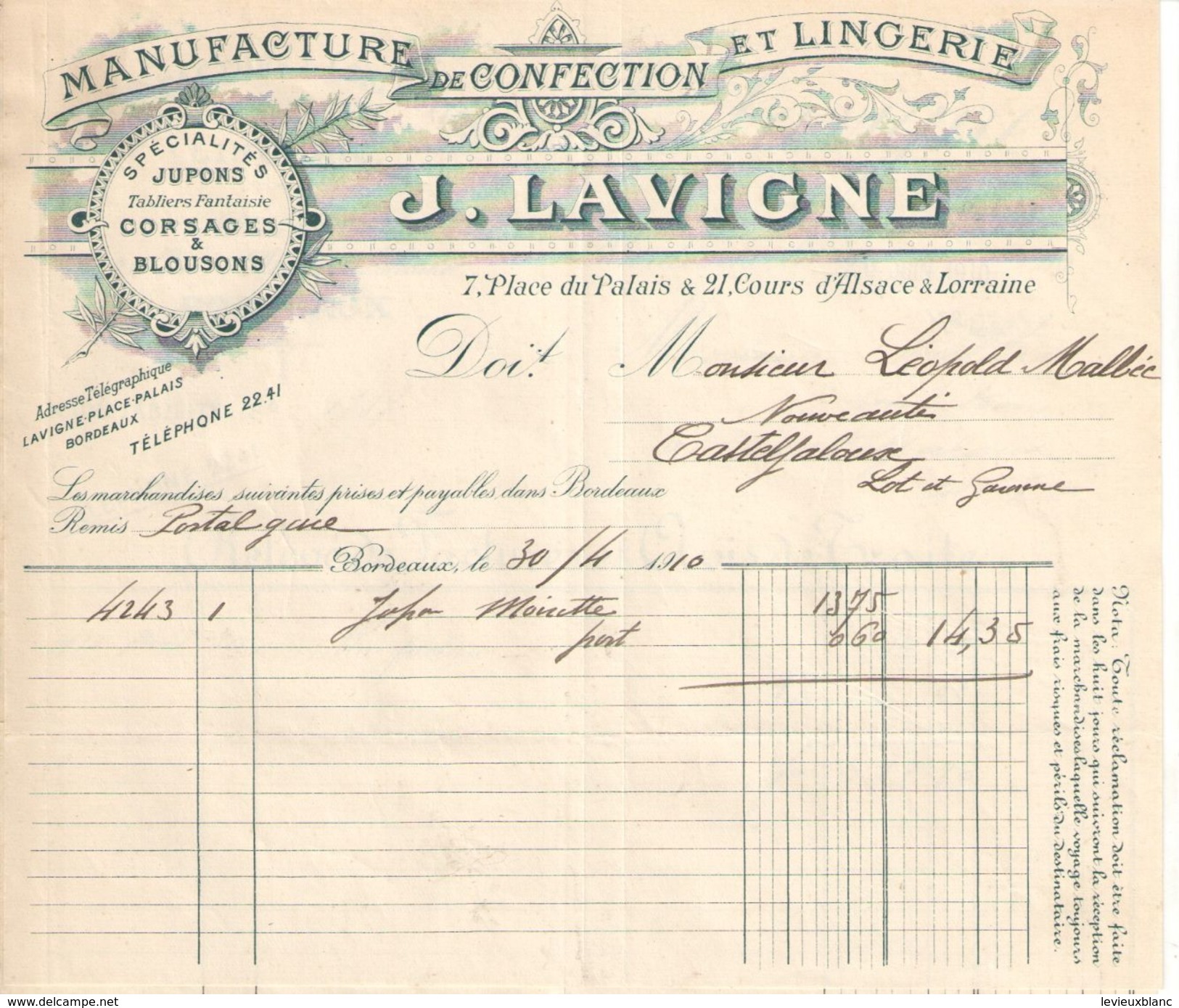 2 Facture Commerciales Anciennes/Manufacture De Confection Et Lingerie/J LAVIGNE/ Bordeaux/Place Du Palais/1910  FACT288 - Textile & Vestimentaire