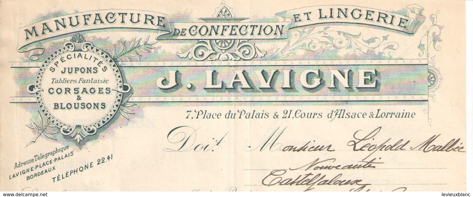 2 Facture Commerciales Anciennes/Manufacture De Confection Et Lingerie/J LAVIGNE/ Bordeaux/Place Du Palais/1910  FACT288 - Textile & Vestimentaire