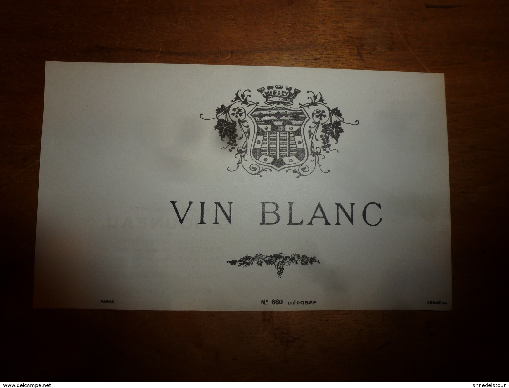 1920 ? Spécimen étiquette De Vin VIN BLANC, N° 680 ,  Déposé,  Imprimerie G.Jouneau  3 Rue Papin à Paris - Autres & Non Classés