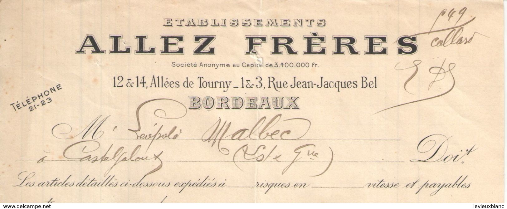 Facture Commerciale Ancienne/Etablissements ALLEZ FRERES/Allée De Tourny/ BORDEAUX/1912            FACT289 - Autres & Non Classés