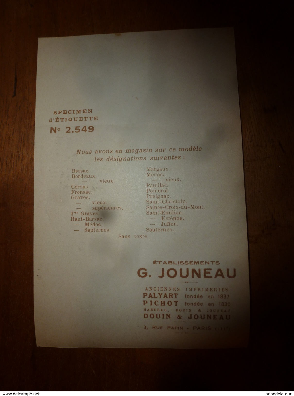 1920 ? Spécimen étiquette De St EMILION, N° 2549  Déposé,  Imp. G.Jouneau  3 Rue Papin à Paris - Schlösser