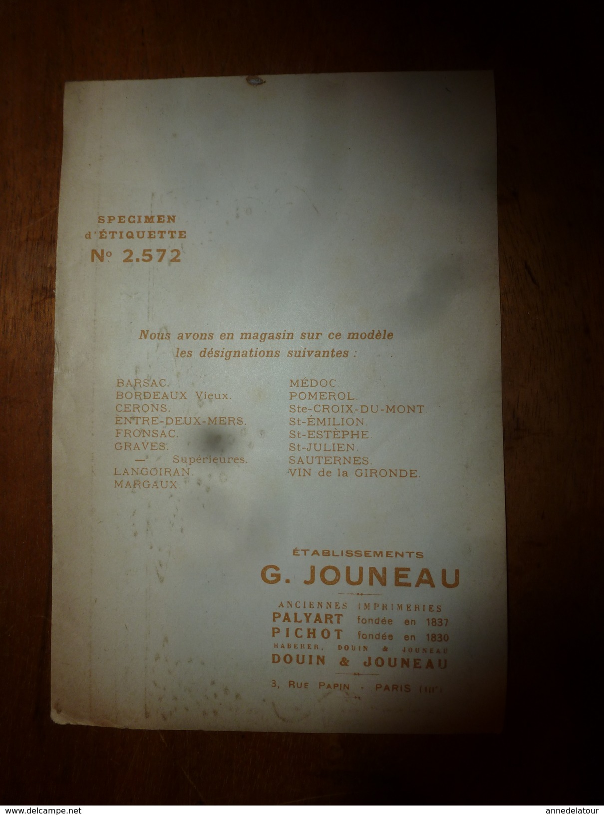 1920 ? Spécimen étiquette De Vin Ste CROIX Du MONT Bordeaux,  Déposé,  Imp. G.Jouneau  3 Rue Papin à Paris - Bordeaux