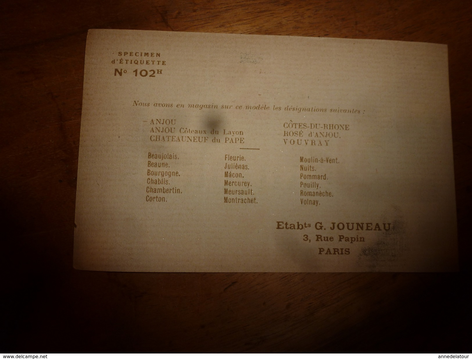 1920 ? Spécimen étiquette De Vin BEAUJOLAIS , N° 102H  Déposé,  Imp. G.Jouneau  3 Rue Papin à Paris - Beaujolais