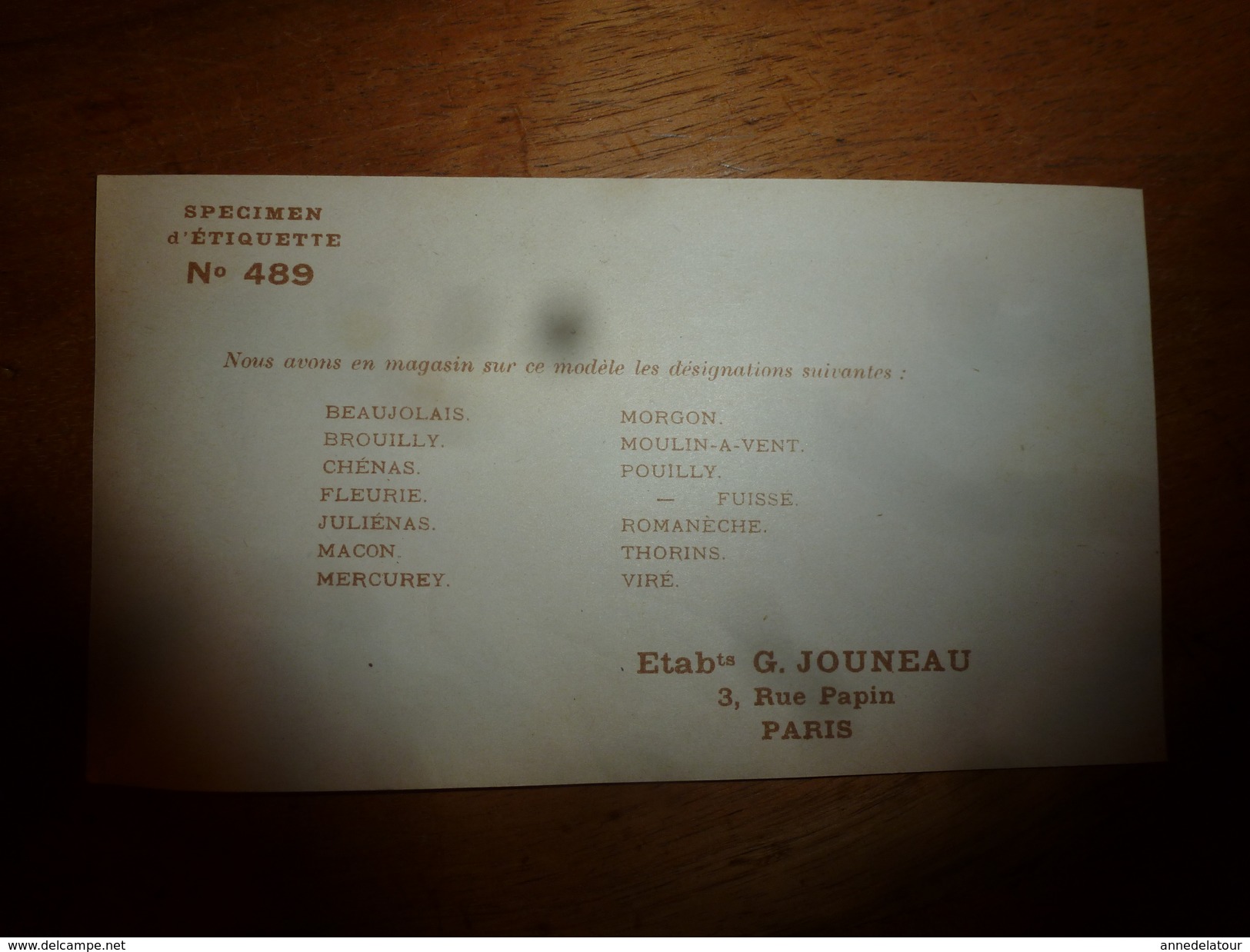 1920 ? Spécimen étiquette De Vin MOULIN A VENT,(Côte Beaujolaise),  N° 489 Déposé,  Imp. G.Jouneau  3 Rue Papin à Paris - Old Maps