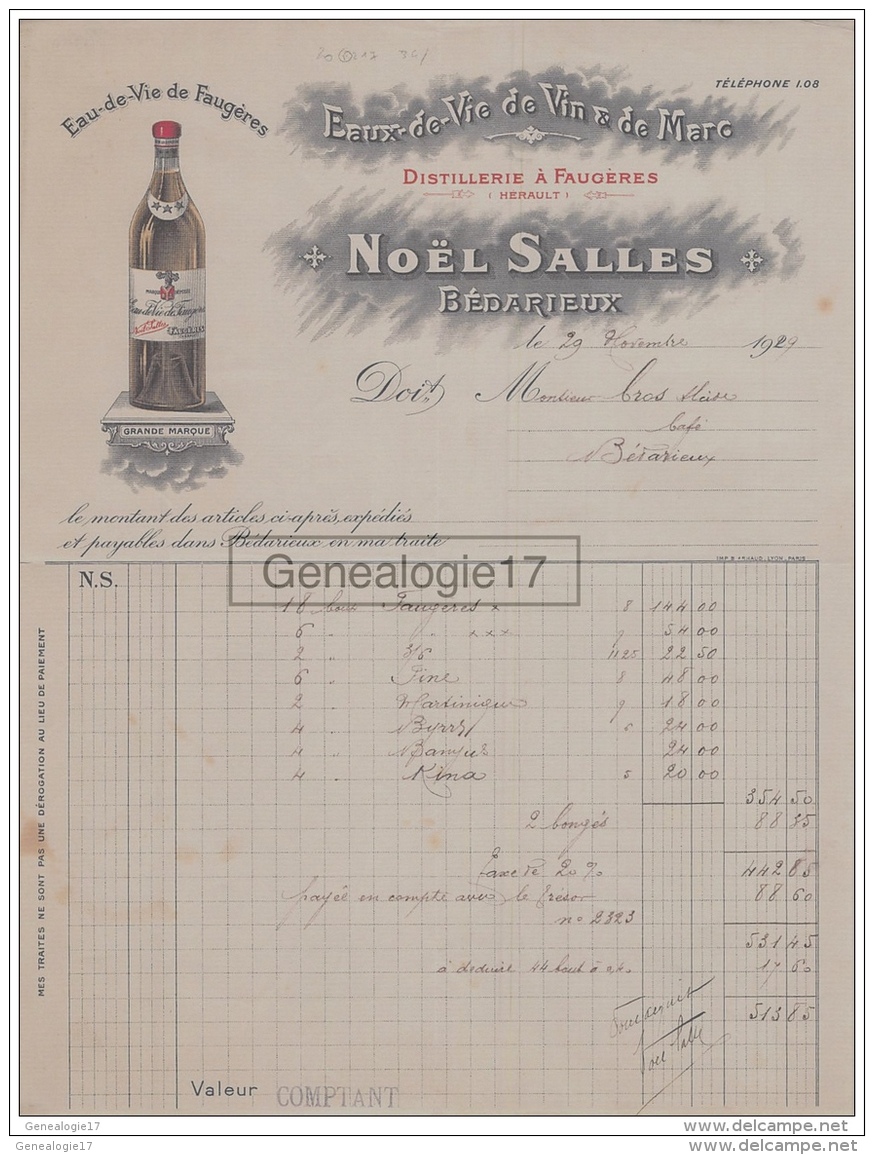 34 1777 BEDARIEUX HERAULT 1929 EAUX DE VIE DE FAUGERES Distillerie NOEL SALLES De FAUGERES A CROS - 1900 – 1949