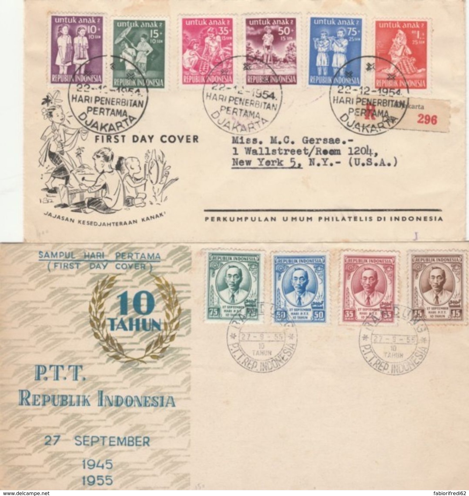 LOTTO 2 FDC VIAGGIATI INDONESIA 1954-55 (SU UNO TIMBRO NEW YORK SUL RETRO) (RL496 - Indonesia