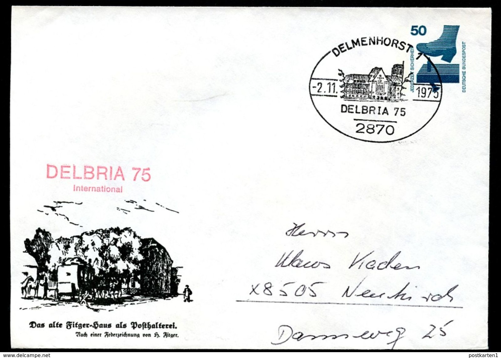 Bund PU65 B1/002 Privat-Umschlag DELBRIA Sost. Delmenhorst 1975  NGK 5,00 € - Private Covers - Used