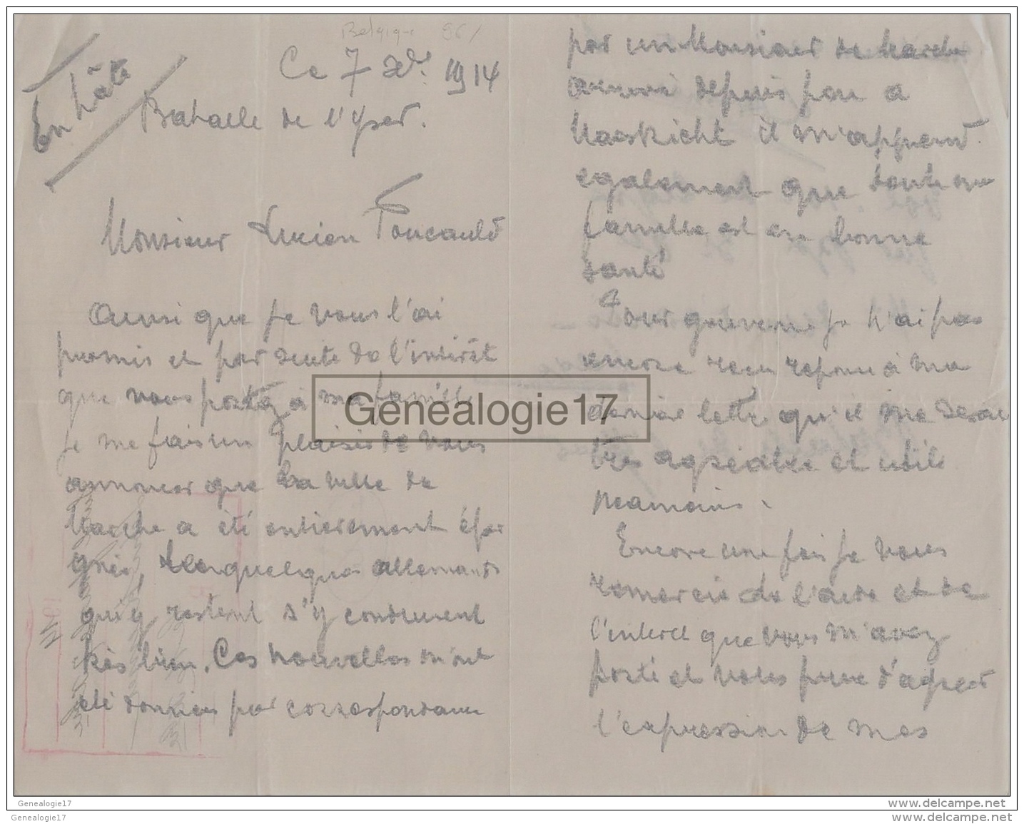 96 2137 BELGIQUE BELGIUM BATAILLE DE L YSER  1914 Lettre D Un Poilu Mr LEON KREMER  10 Eme De Ligne ARMEE BELGE - 1914-18