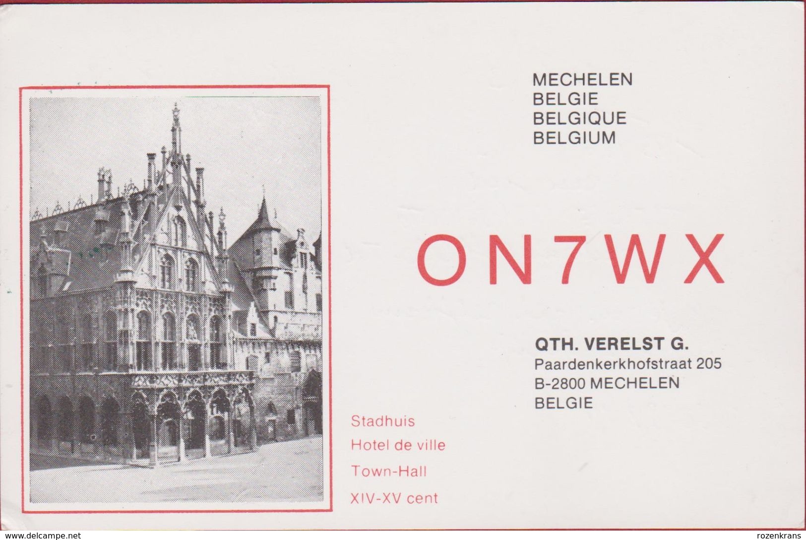 QSL Card Amateur Radio Station CB Mechelen Belgie Stadhuis 1986 - Radio Amateur