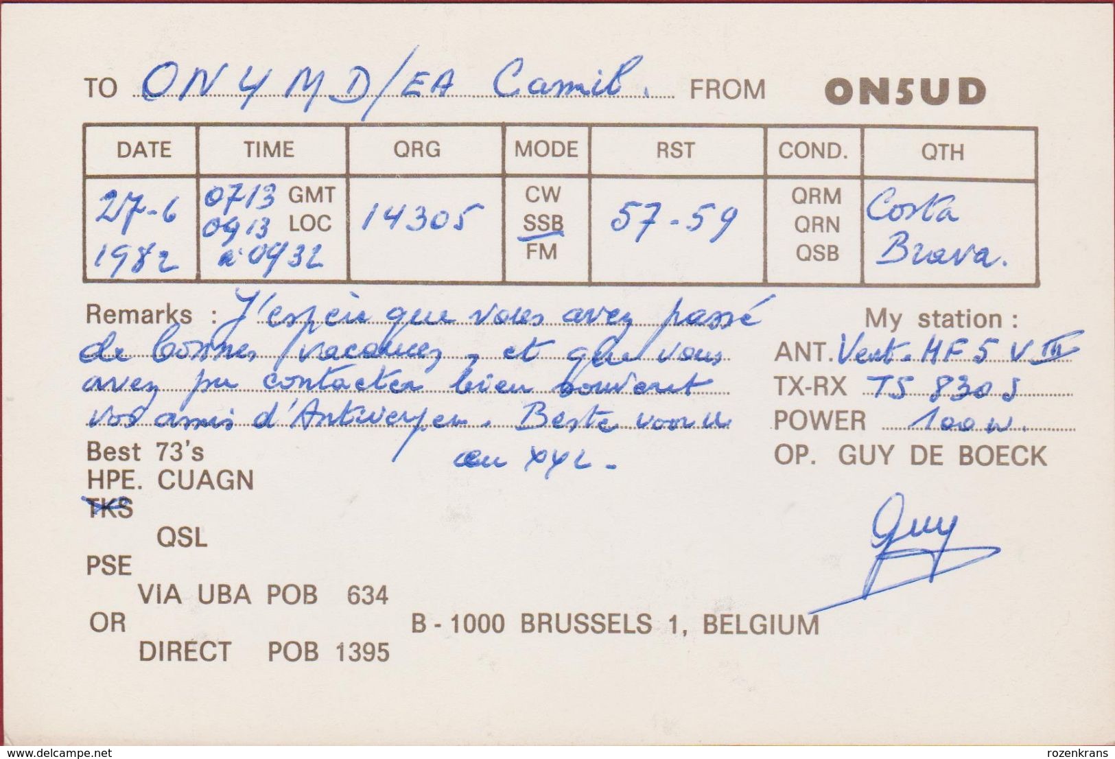 QSL Card Amateur Radio Station CB Bruxelles Brussel Manneken Pis 1982 Manneke - Radio Amateur