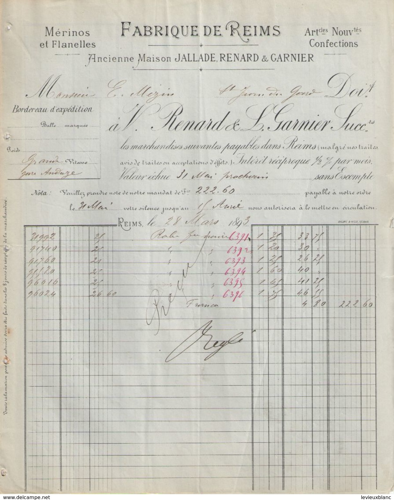 Facture & Lettre Commerciale Anciennes/RENARD & GARNIER/ Mérinos/Fabrique De REIMS/ Marne /1893      FACT294 - Textile & Vestimentaire