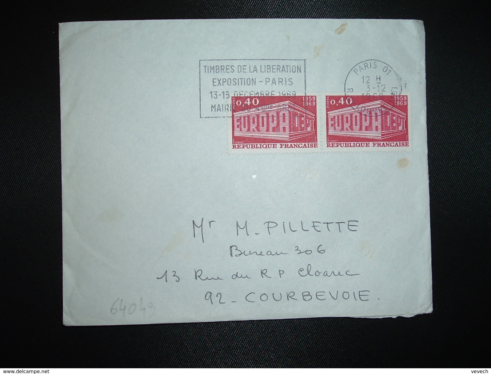 LETTRE TP EUROPA 0,40 Paire OBL.MEC.3-12-1969 PARIS 01 TIMBRES DE LA LIBERATION EXPOSITION PARIS 13-16 DECEMBRE 1969 - Posttarife