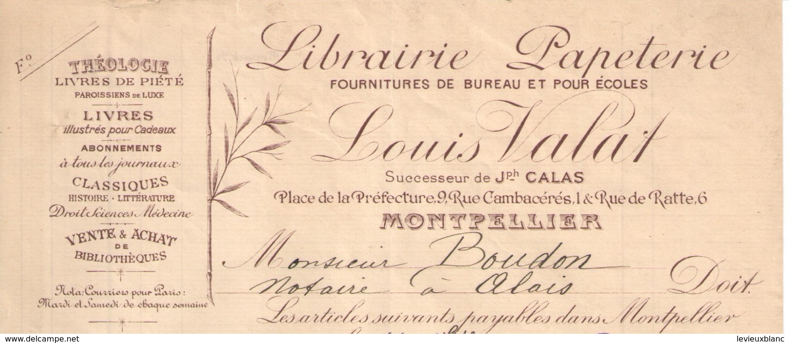 Facture  Commerciale Ancienne/Librairie Papeterie / Louis VALAT/ Calas / MONTPELLIER /Hérault/ 1906      FACT295 - Imprimerie & Papeterie