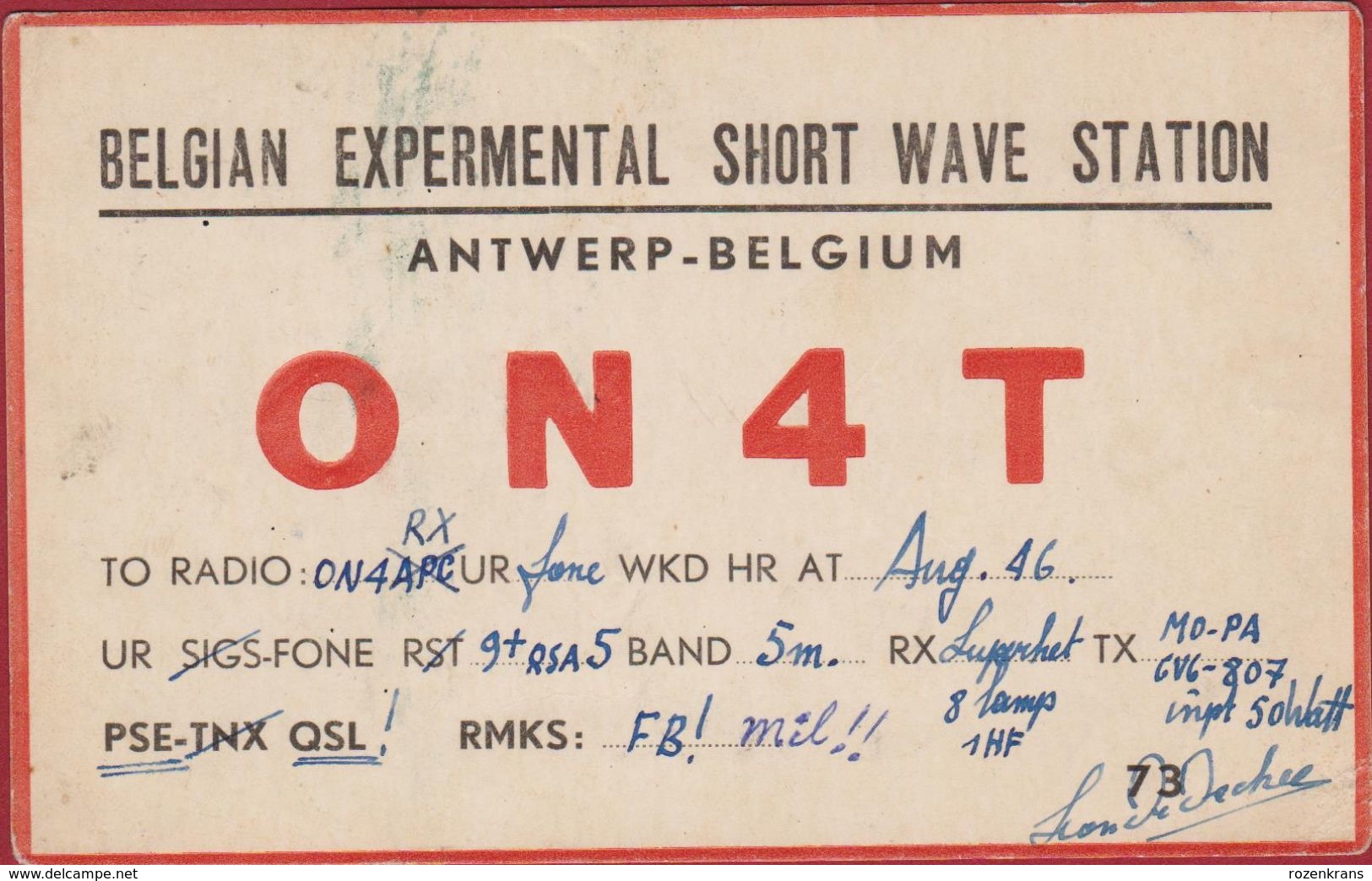 Very Old QSL Card Amateur Radio Station CB 1946 Belgian Expermental Short Wave Station Antwerpen Antwerp - Amateurfunk