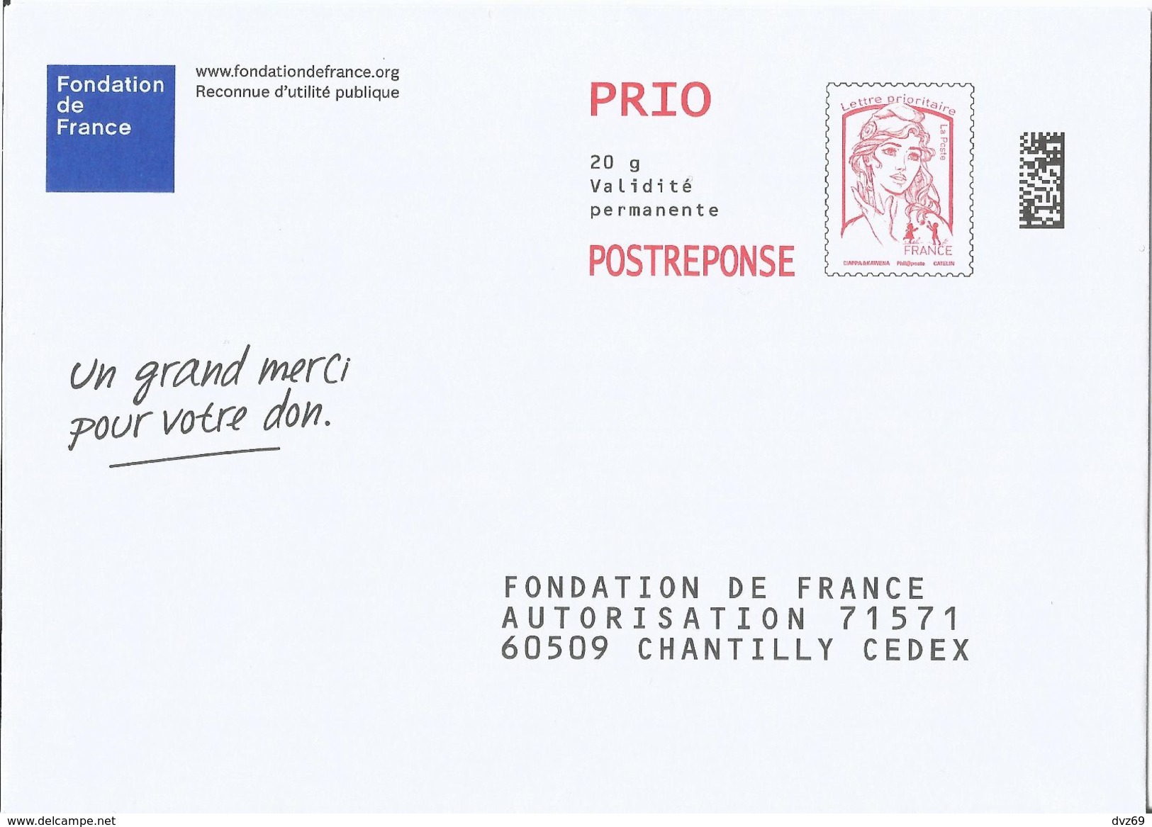 Fondation De France, Enveloppe Neuve, PostReponse 20g PRIO, Validité Permanente - Prêts-à-poster: Réponse /Ciappa-Kavena