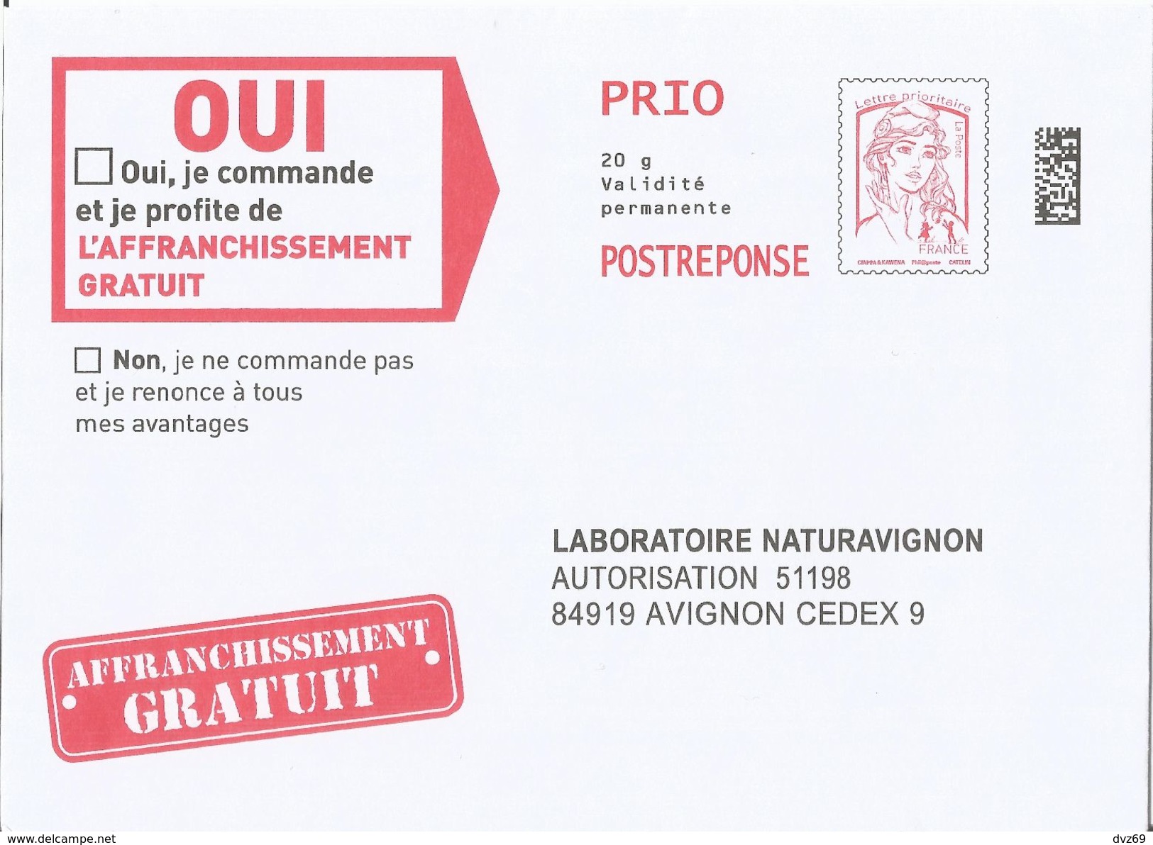 Laboratoire Naturavignon, Enveloppe Neuve, PostReponse 20g PRIO, Validité Permanente - Prêts-à-poster: Réponse /Ciappa-Kavena