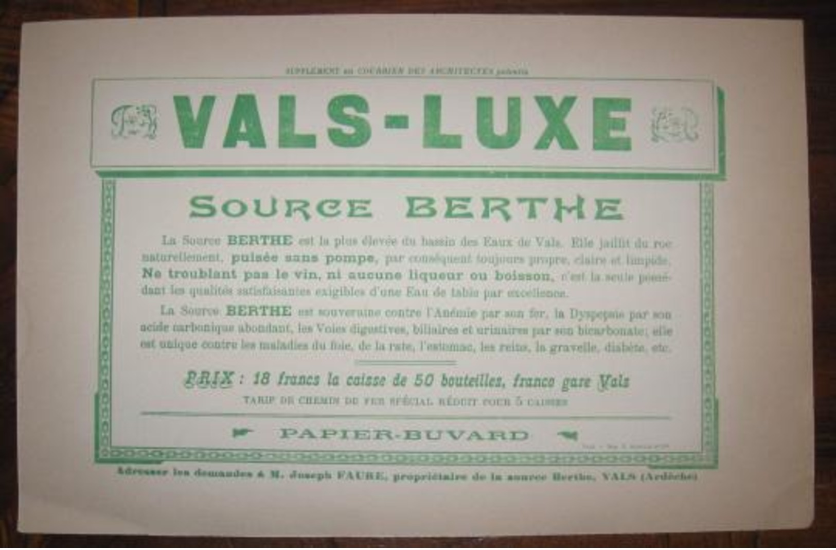 Buvard VALS-LUXE, Source Berthe, Ardèche, 07 - Altri & Non Classificati