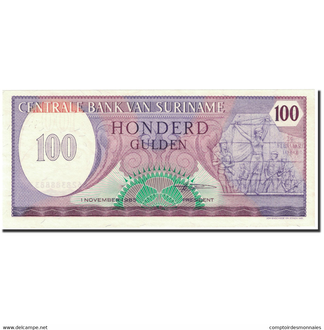 Billet, Surinam, 100 Gulden, 1985, 1985-11-01, KM:128b, NEUF - Suriname