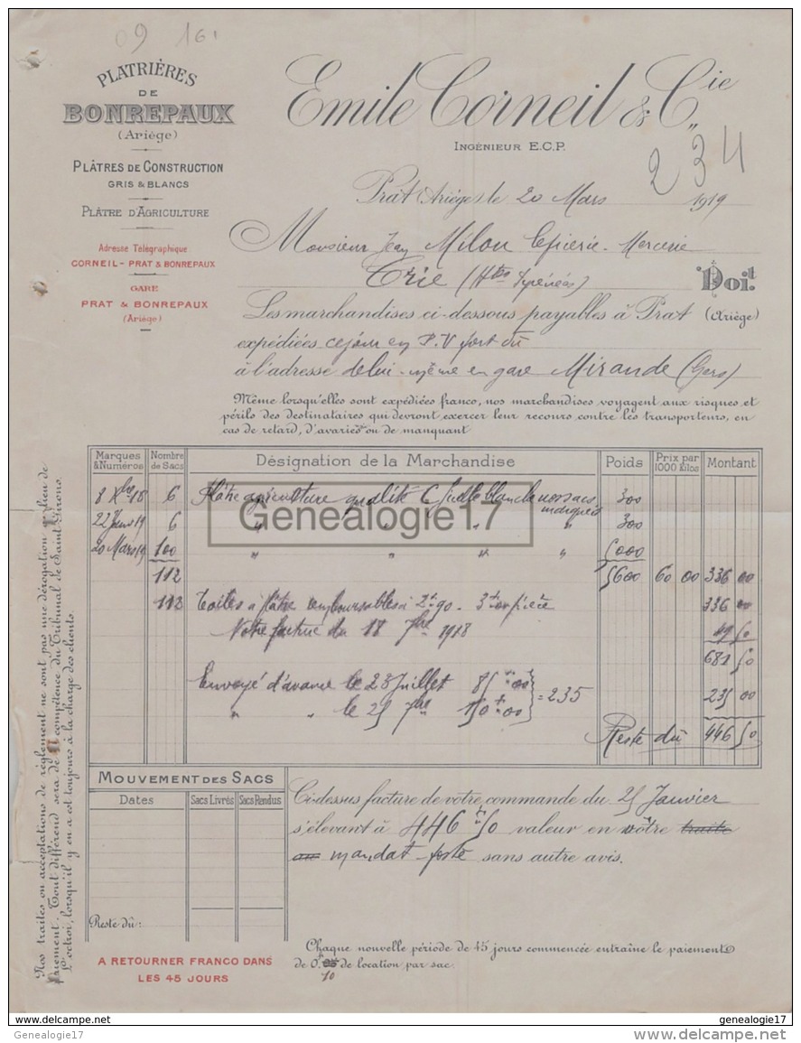 09 161B PRAT ARIEGE 1918 PLATRIERES DE BONREPAUX Ets EMILE CORNEIL Platre Gris Platres Agriculture PLATRIERE CARRIERE - 1900 – 1949