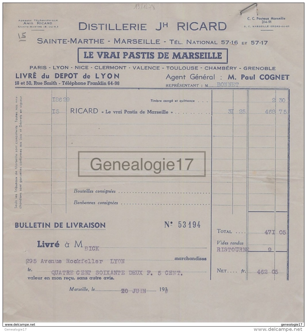 13 1278B MARSEILLE 1939 DISTILLERIE SAINTE MARTHE J.H RICARD ( Pastis Distilleries ) 48 - 50 Rue Smith ( Perrache ) - Alimentaire