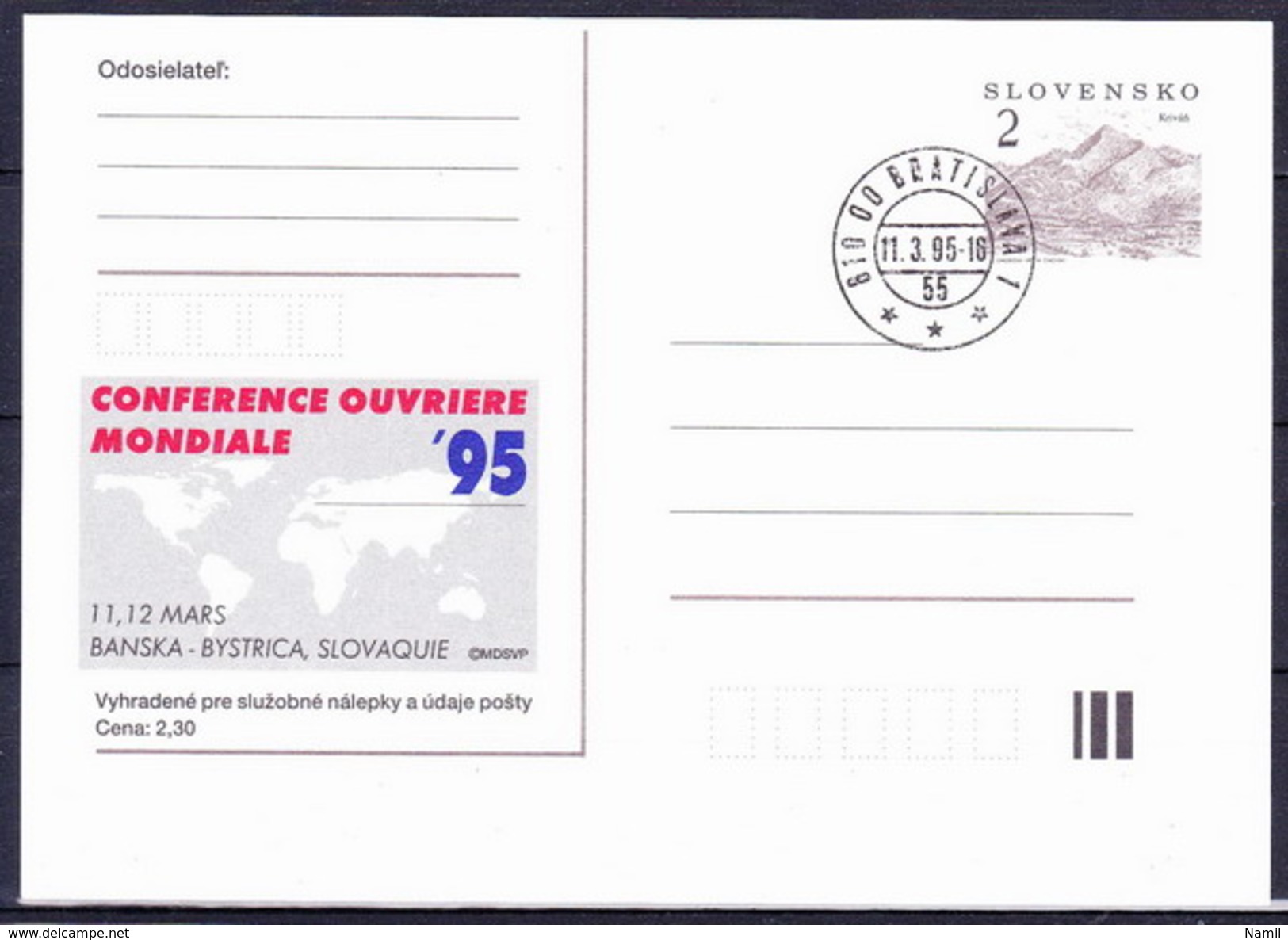 Slovaquie 1995 Entier (CDV 6) Obliteré - Postcards