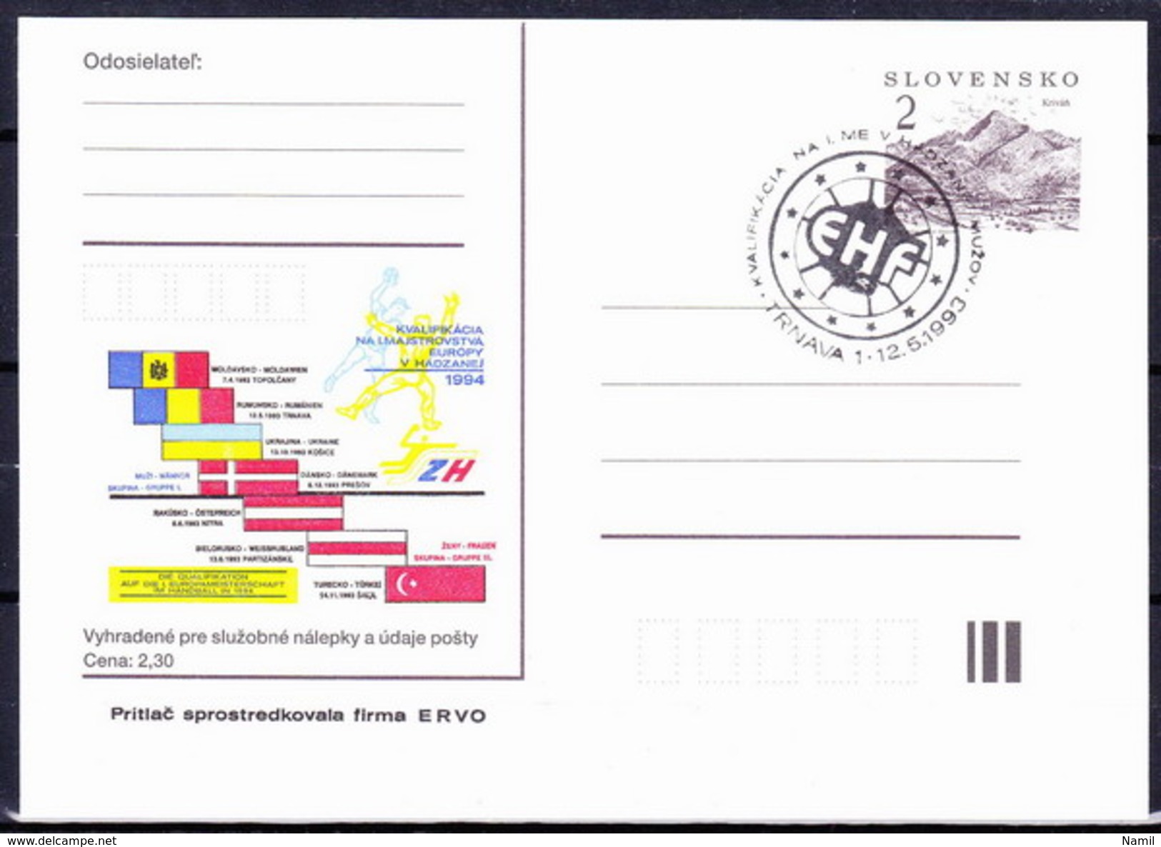 Slovaquie 1993 Entier (CDV 2) Obliteré, Cachet Championat De L'Europe Dans Le Handball - Cartoline Postali
