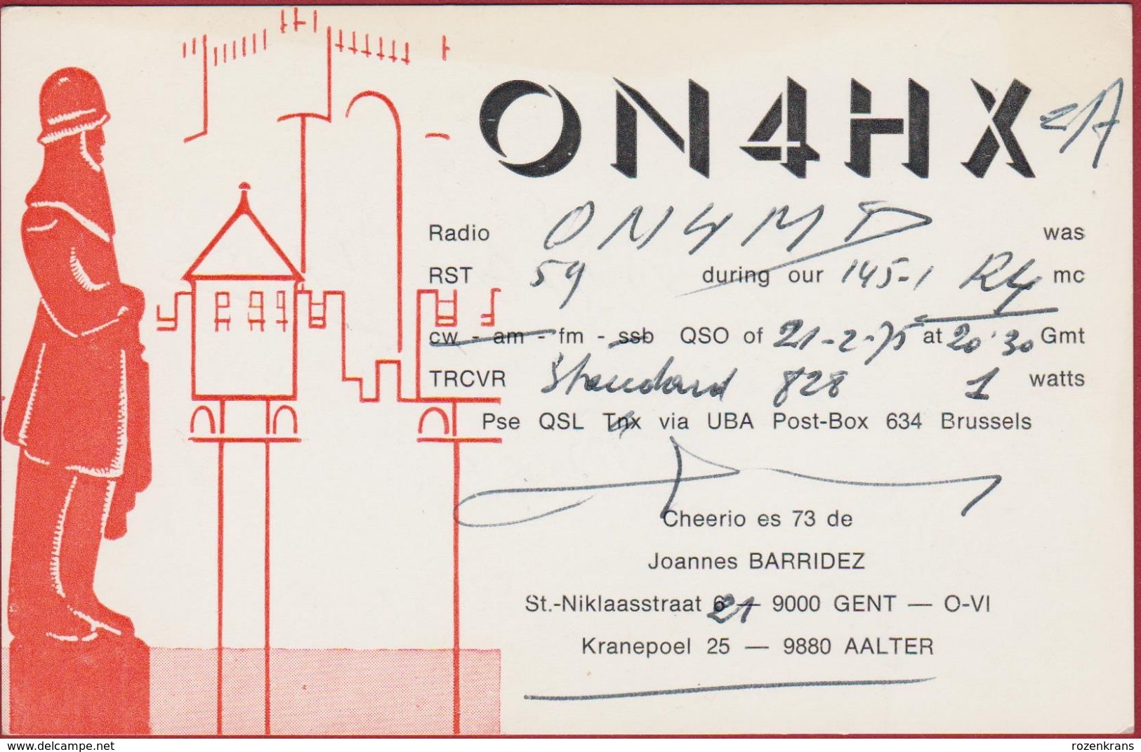 QSL Card Amateur Radio Station CB 1975 Gent Illustrator Gravensteen Kanneschijters Belfort Wachter - Amateurfunk