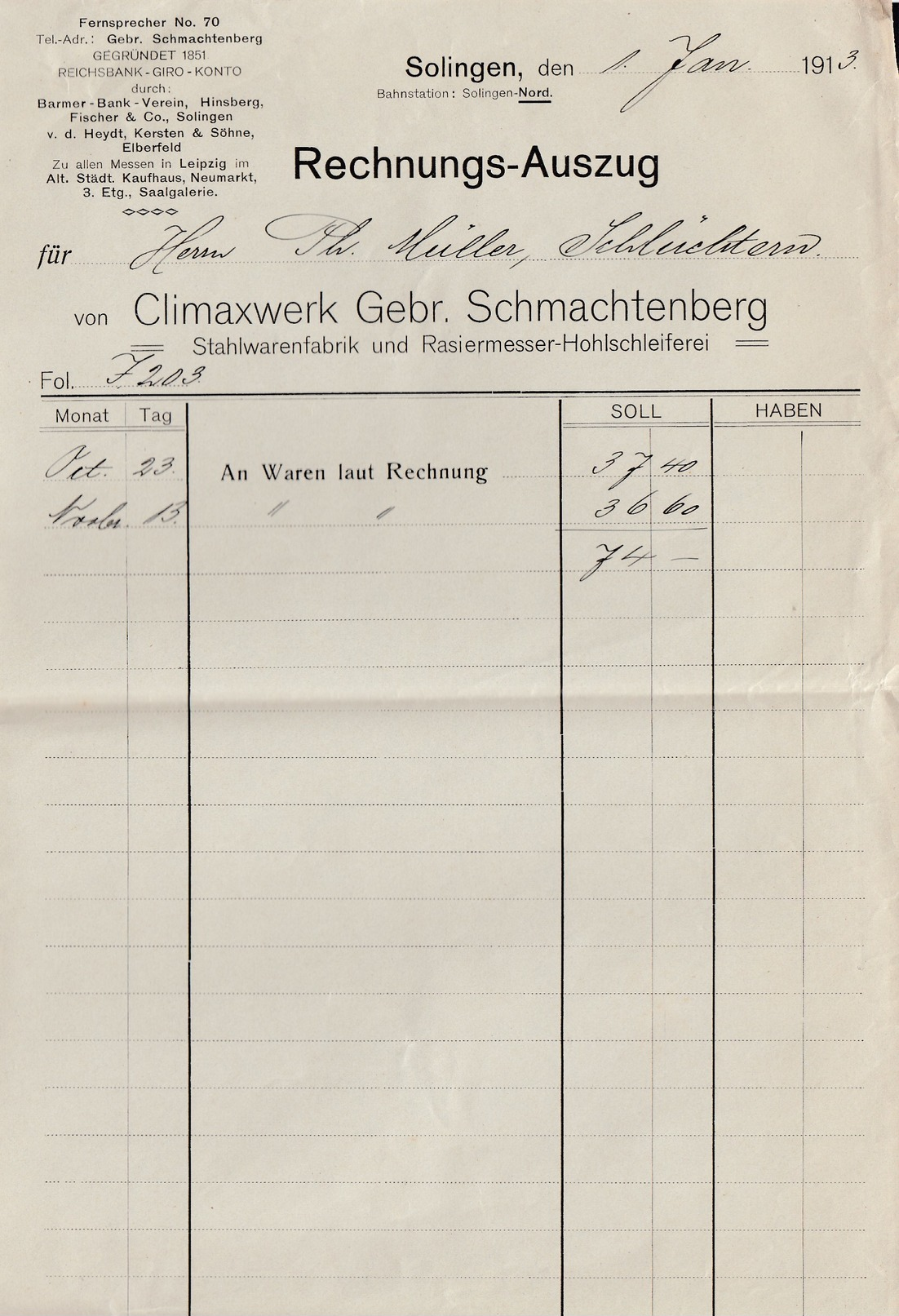 DR Illustrierter Firmenbrief Rechnung Climax Werk Solingen 1913 Solingen Nach Schlüchtern K59 - Briefe U. Dokumente