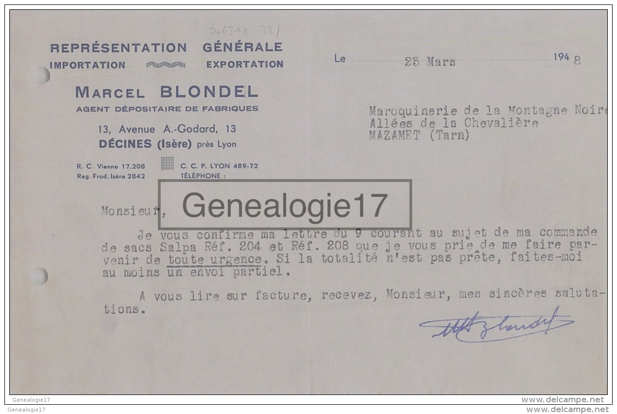 38 2566 DECINES ISERE 1948 Representation Generale MARCEL BLONDEL Agent Fabriques Avenue A. GODARD - 1900 – 1949