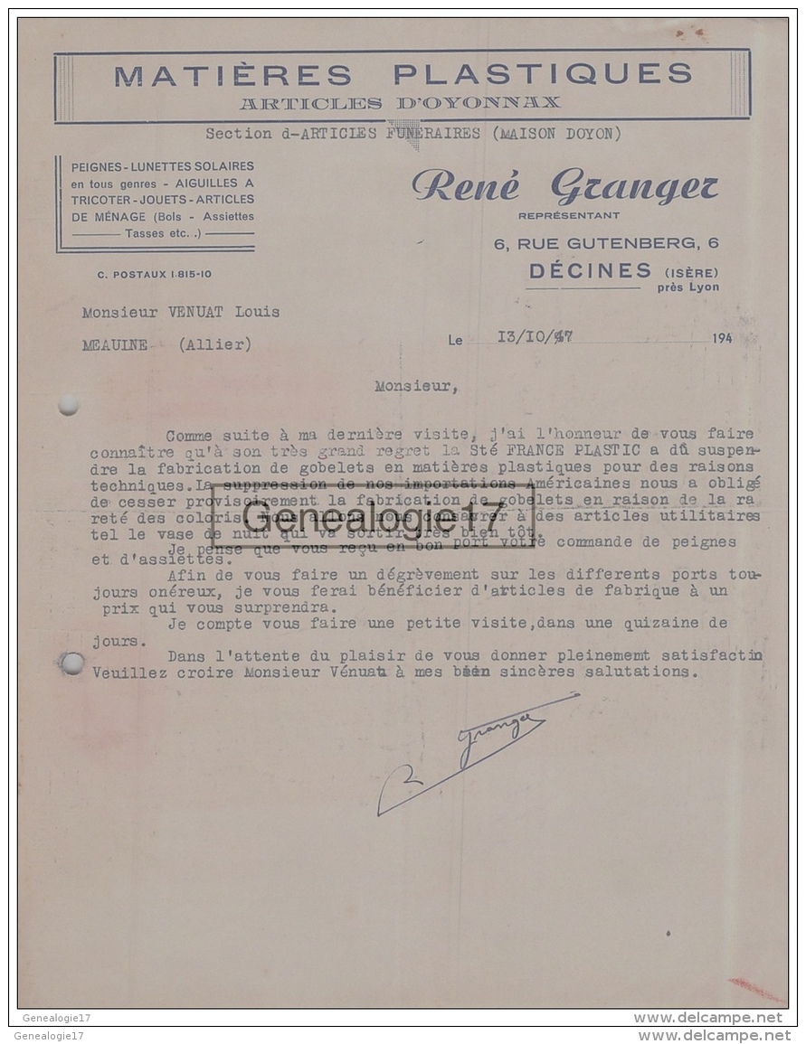 38 2583 DECINES ISERE 1917 Matieres Plastiques RENE GRANGER Rue Gutenberg A Vuenat - 1900 – 1949