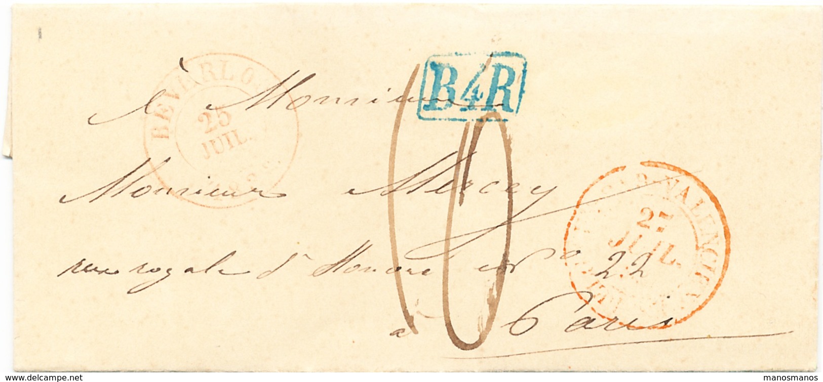 847/25 - Lettre De BEVERLOO 1845 Vers PARIS - Marque De Rayon Bleue B4R De Bruxelles , Taxation 10 Décimes - 1830-1849 (Belgique Indépendante)