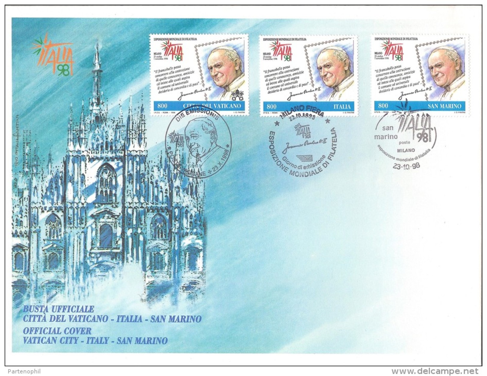 1998 - BUSTA UFFICIALE EMISSIONE CONGIUNTA ITALIA -VATICANO - REP.SAN MARINO -  GIOVANNI PAOLO II Joint Issue - Emissioni Congiunte