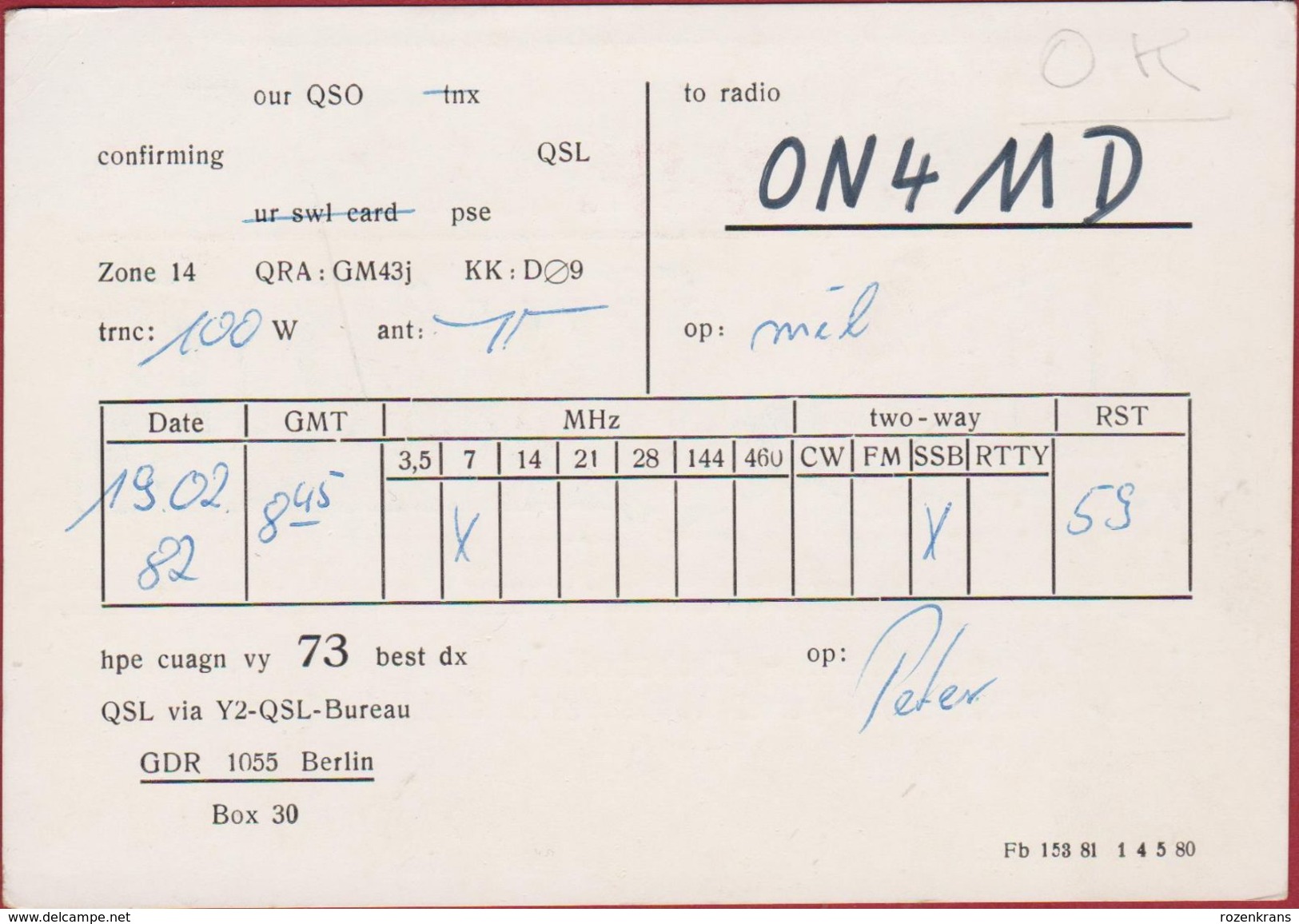 QSL Card Amateur Radio Station CB German DDR VEB Stahl Und Walzwerk Brandenburg 1982 Deutschland Funk Carte - Radio Amateur