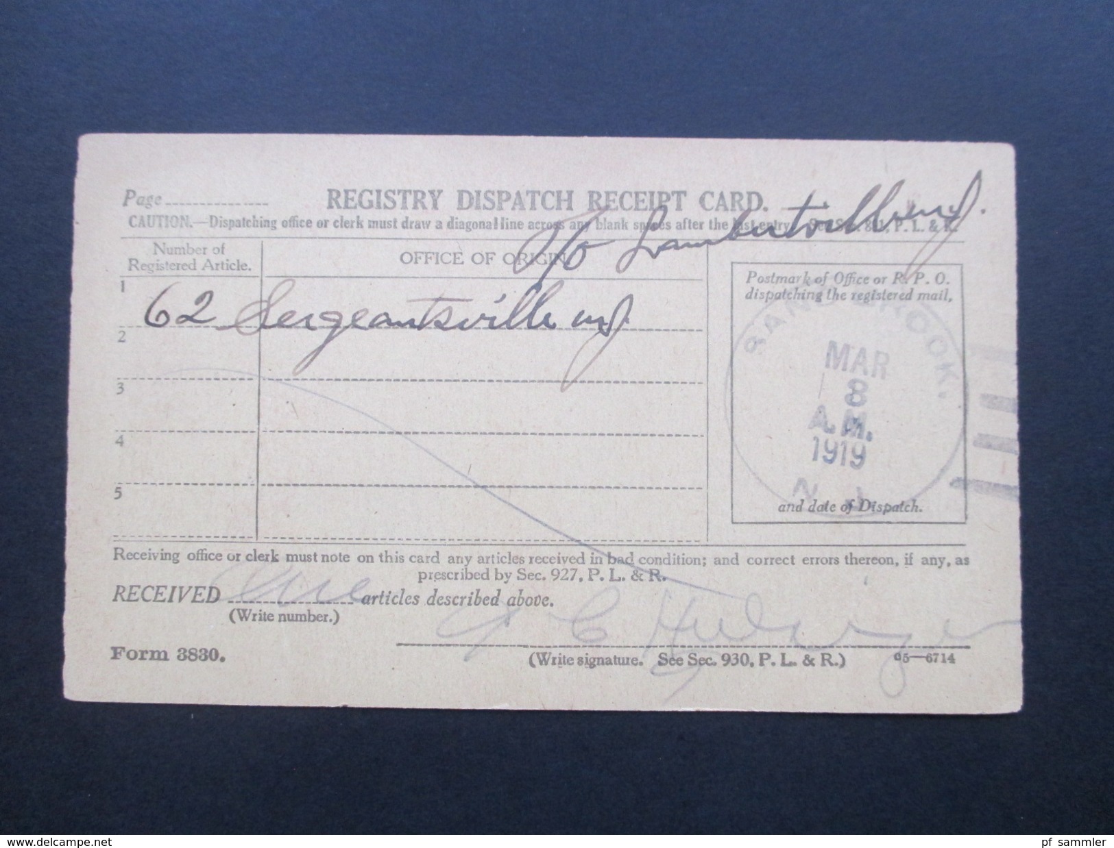 USA 1919 Registry Dispatch Receipt Card. Sand Brook N.J. Flemington N.J. Interessante Karte!! - Cartas & Documentos