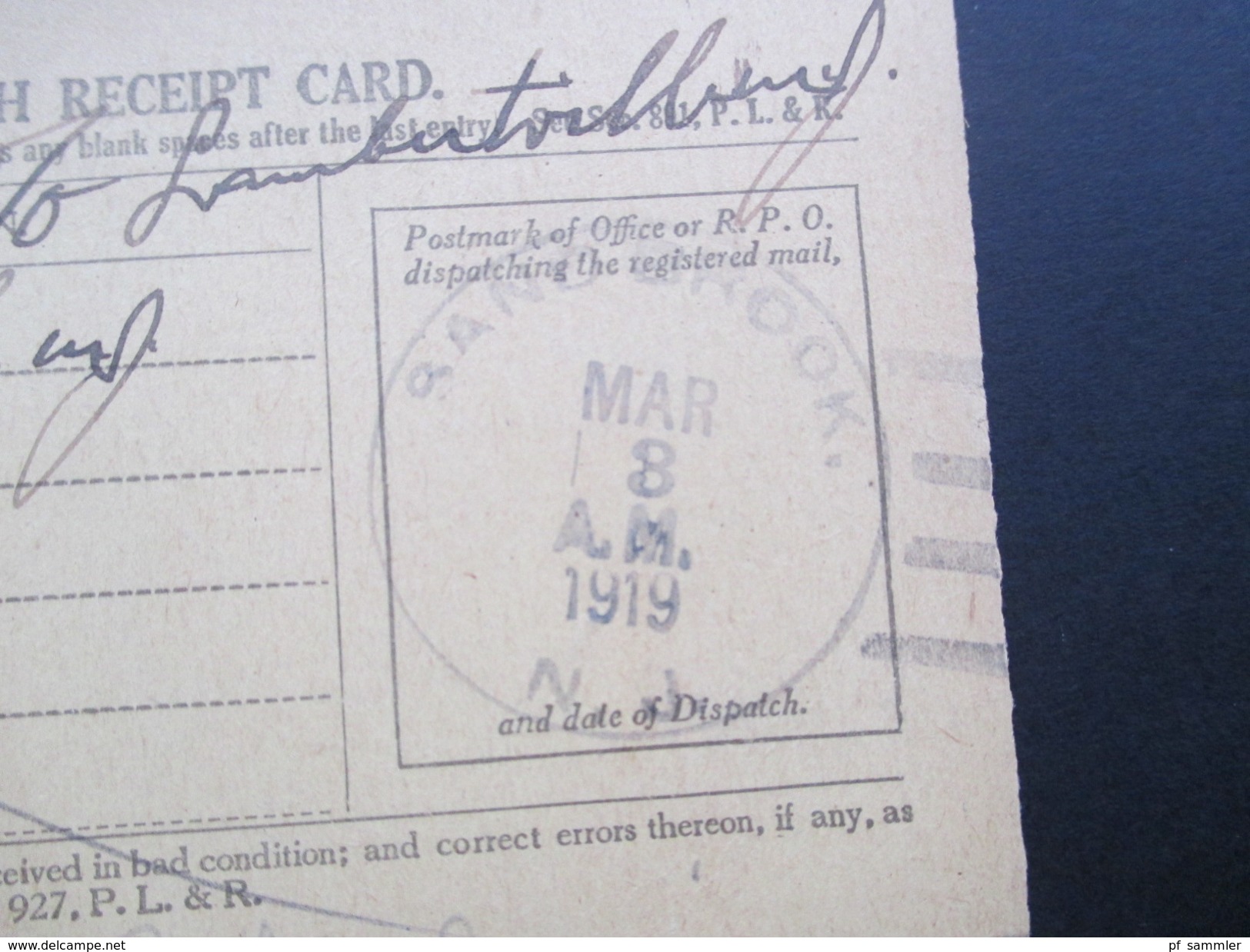 USA 1919 Registry Dispatch Receipt Card. Sand Brook N.J. Flemington N.J. Interessante Karte!! - Lettres & Documents